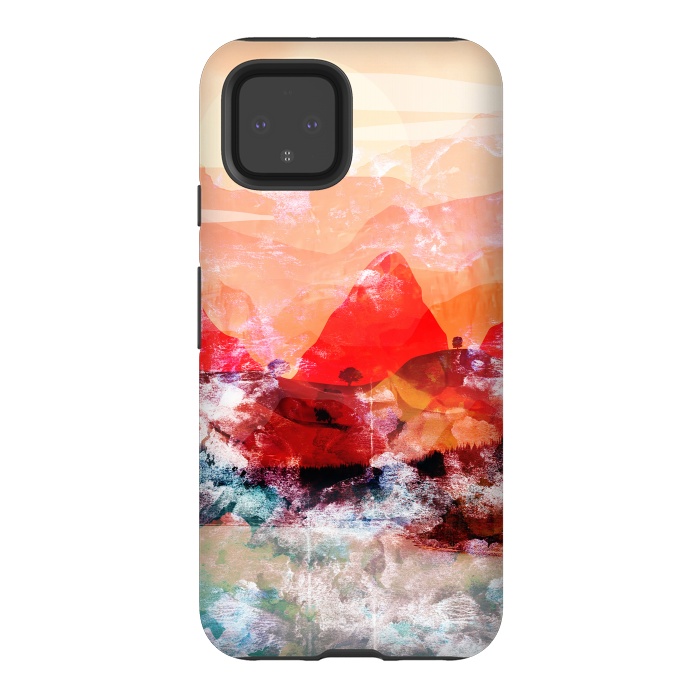 Pixel 4 StrongFit Red peach abstract brushed mountain landscape by Oana 