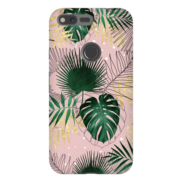 Pixel XL StrongFit Modern gold tropical leaves and doddles design  by InovArts