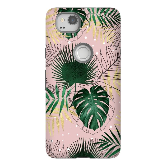Pixel 2 StrongFit Modern gold tropical leaves and doddles design  by InovArts