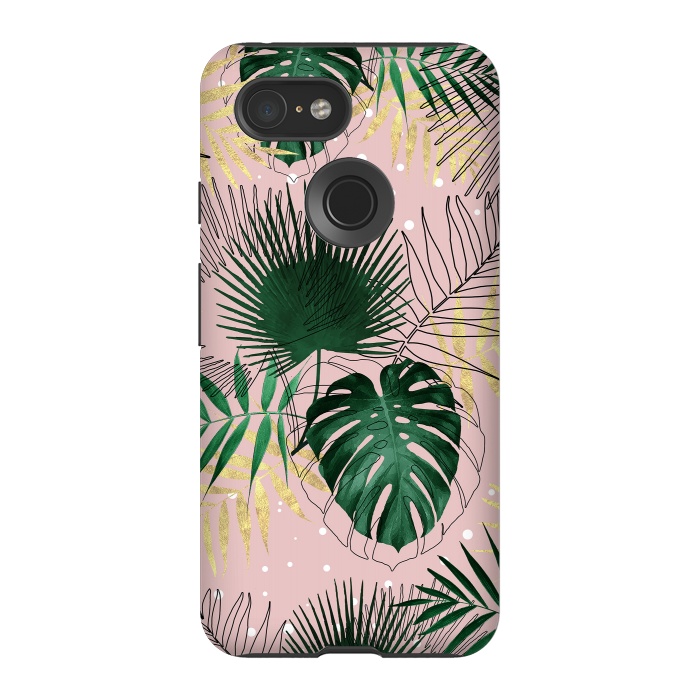 Pixel 3 StrongFit Modern gold tropical leaves and doddles design  by InovArts