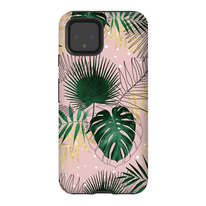 Pixel 4 StrongFit Modern gold tropical leaves and doddles design  by InovArts
