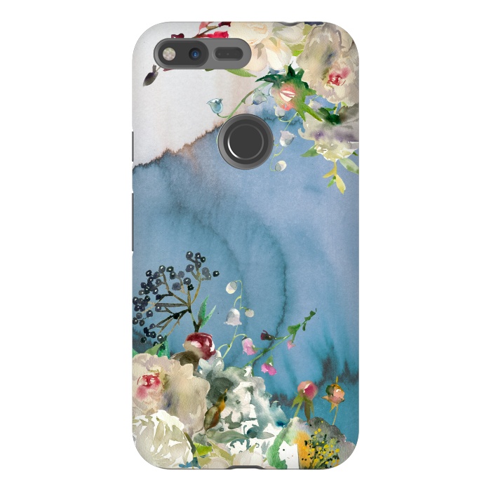 Pixel XL StrongFit White florals on blue watercolor ink texture by  Utart