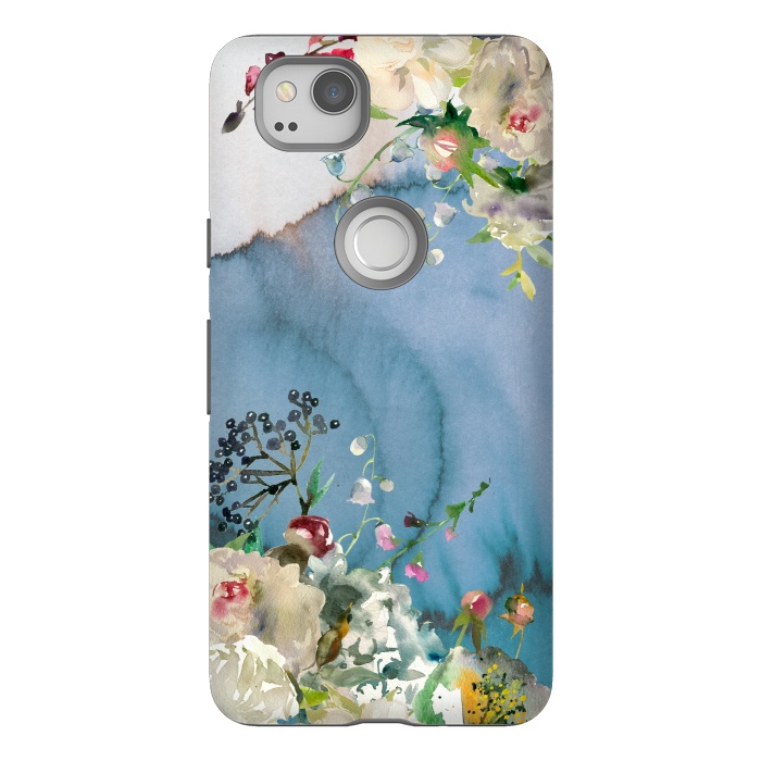 Pixel 2 StrongFit White florals on blue watercolor ink texture by  Utart
