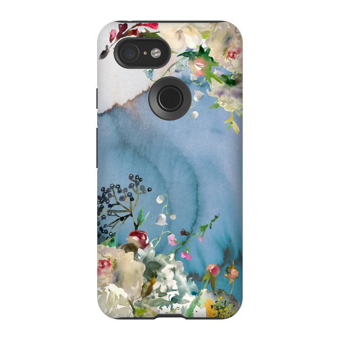 Pixel 3 StrongFit White florals on blue watercolor ink texture by  Utart