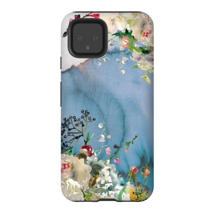 Pixel 4 StrongFit White florals on blue watercolor ink texture by  Utart