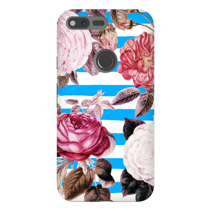 Pixel XL StrongFit Vintage roses illustration on blue and white stripes by Oana 