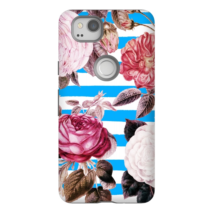 Pixel 2 StrongFit Vintage roses illustration on blue and white stripes by Oana 