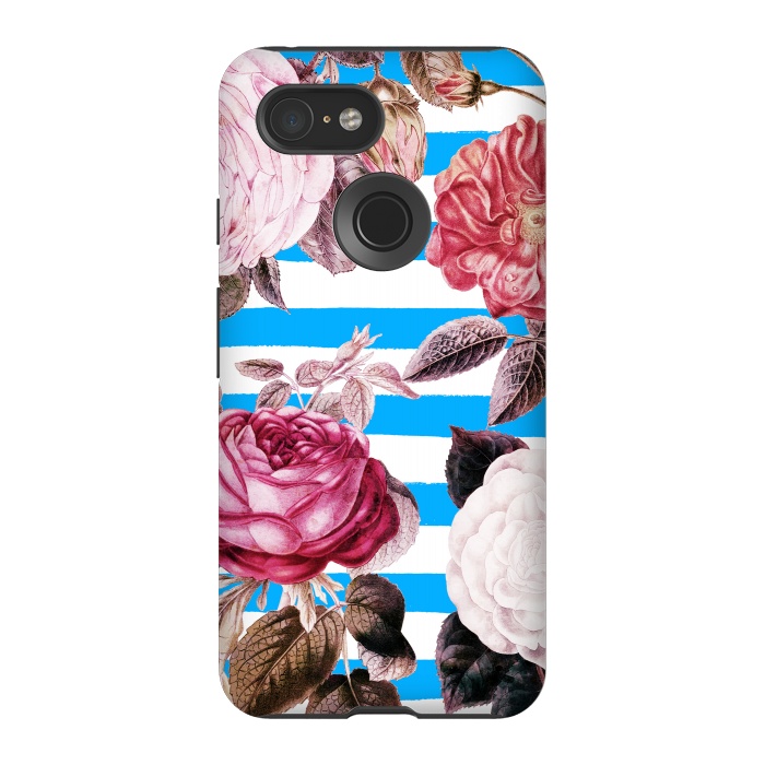 Pixel 3 StrongFit Vintage roses illustration on blue and white stripes by Oana 