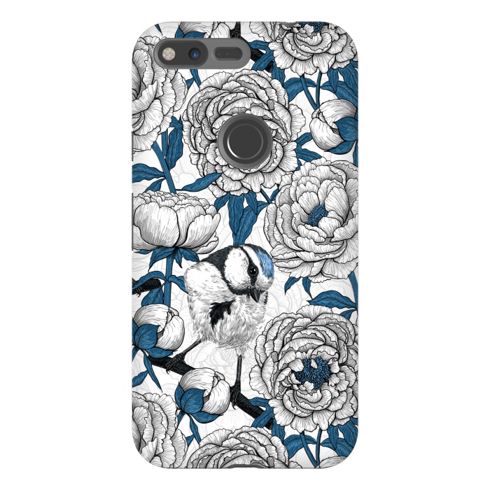 Pixel XL StrongFit White peonies and blue tit birds by Katerina Kirilova