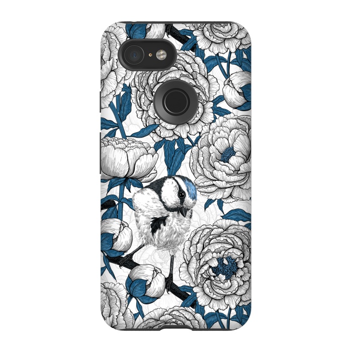 Pixel 3 StrongFit White peonies and blue tit birds by Katerina Kirilova