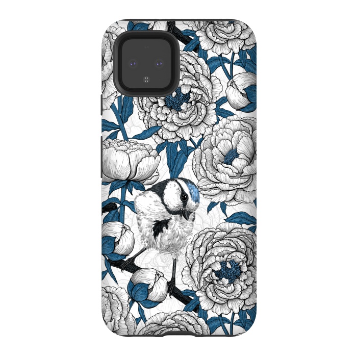 Pixel 4 StrongFit White peonies and blue tit birds by Katerina Kirilova