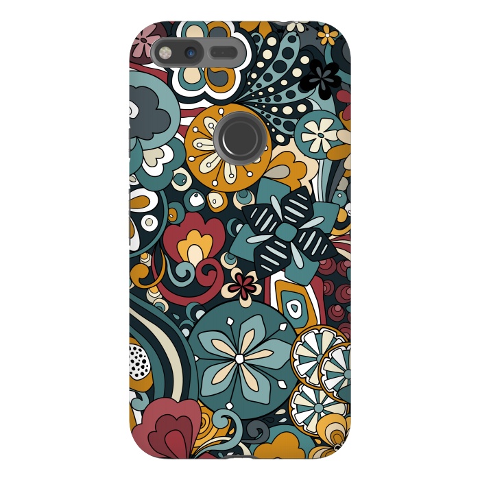 Pixel XL StrongFit Retro Moody Florals in Blue, Red and Mustard by Paula Ohreen