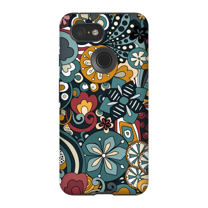 Pixel 3 StrongFit Retro Moody Florals in Blue, Red and Mustard by Paula Ohreen