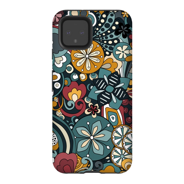 Pixel 4 StrongFit Retro Moody Florals in Blue, Red and Mustard by Paula Ohreen
