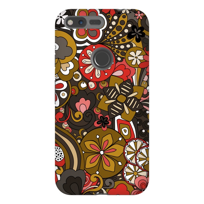 Pixel XL StrongFit Retro Moody Florals in Red, Mustard and Brown by Paula Ohreen