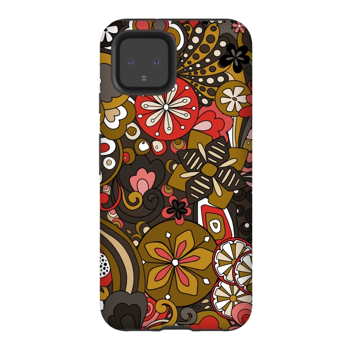 Pixel 4 StrongFit Retro Moody Florals in Red, Mustard and Brown by Paula Ohreen