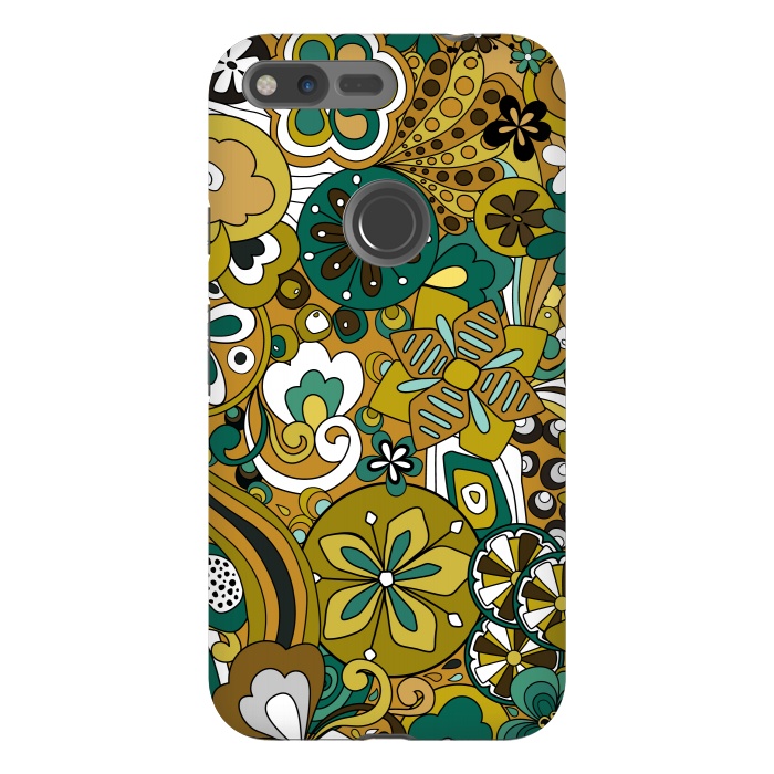 Pixel XL StrongFit Retro Moody Florals in Green and Mustard by Paula Ohreen
