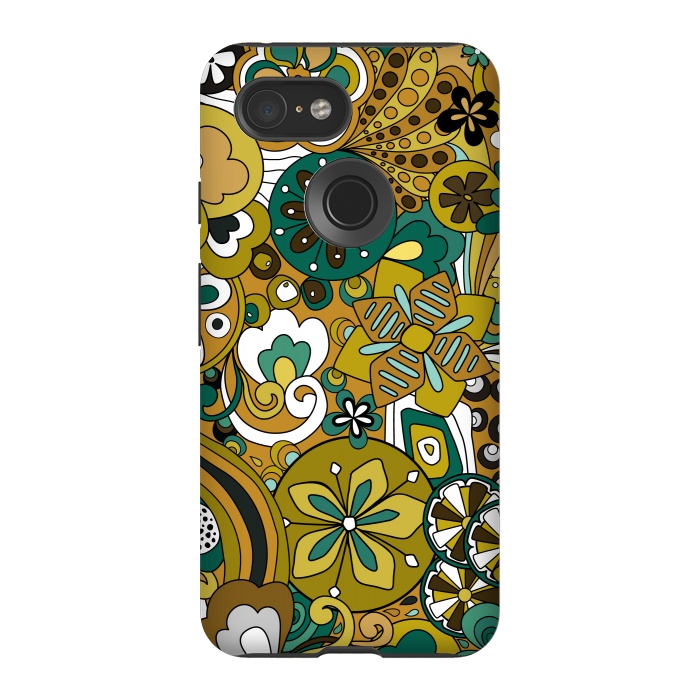 Pixel 3 StrongFit Retro Moody Florals in Green and Mustard by Paula Ohreen