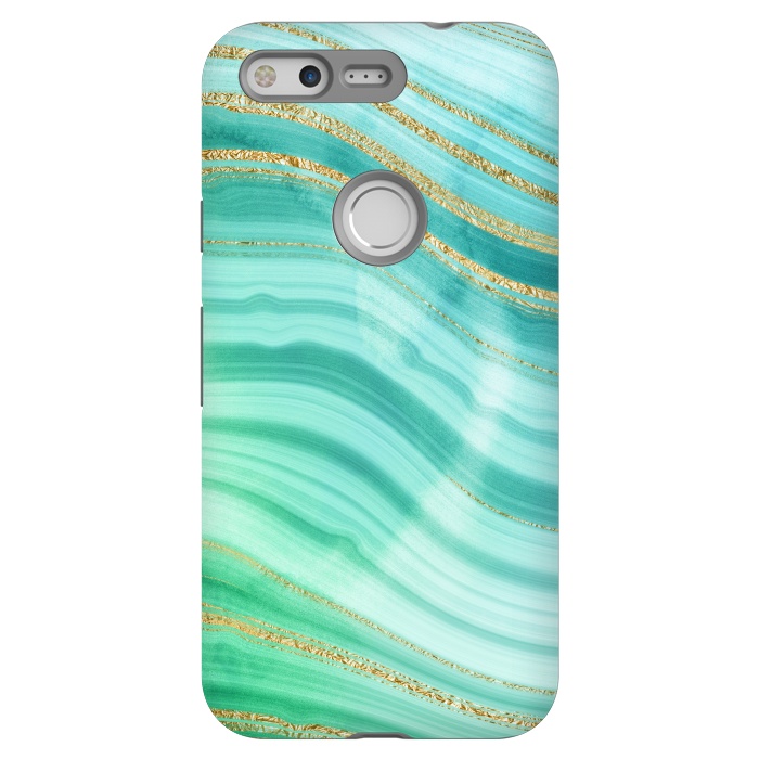 Pixel StrongFit Teal Turquoise and Gold Foil Marble Waves by DaDo ART