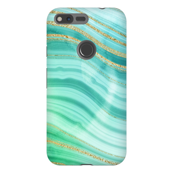 Pixel XL StrongFit Teal Turquoise and Gold Foil Marble Waves by DaDo ART