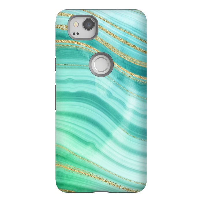 Pixel 2 StrongFit Teal Turquoise and Gold Foil Marble Waves by DaDo ART