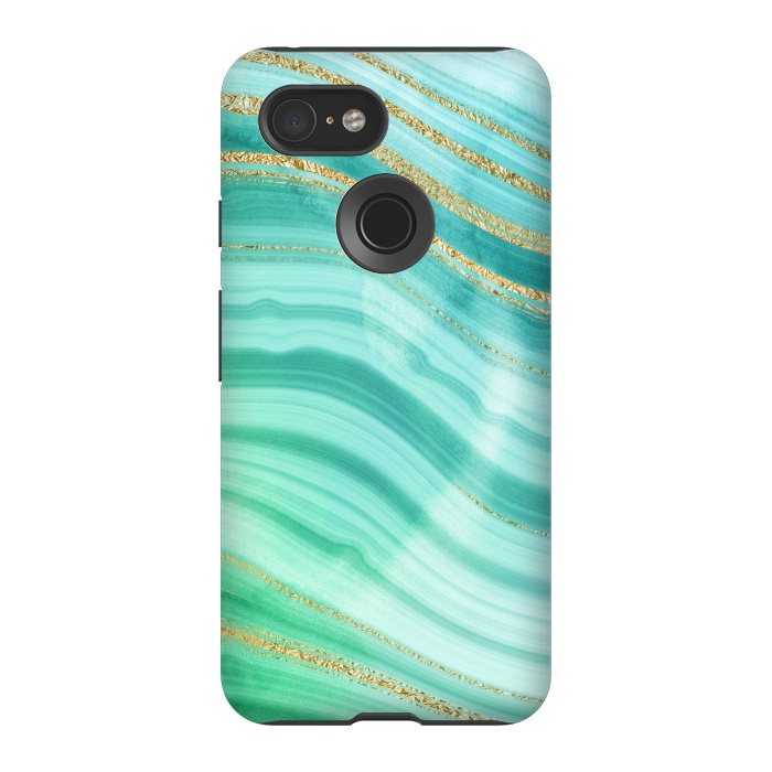Pixel 3 StrongFit Teal Turquoise and Gold Foil Marble Waves by DaDo ART
