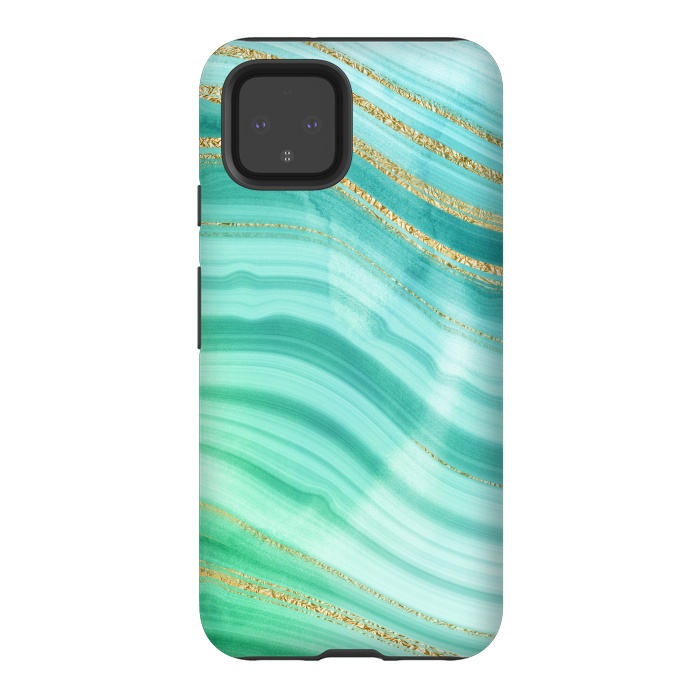 Pixel 4 StrongFit Teal Turquoise and Gold Foil Marble Waves by DaDo ART