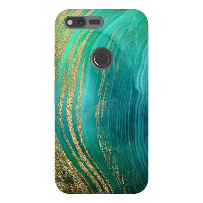 Pixel XL StrongFit Green and Teal Gold Marble  by DaDo ART