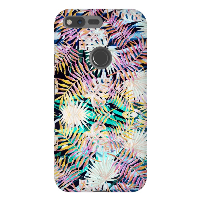 Pixel XL StrongFit Colorful tropical palm leaves and stripes by Oana 