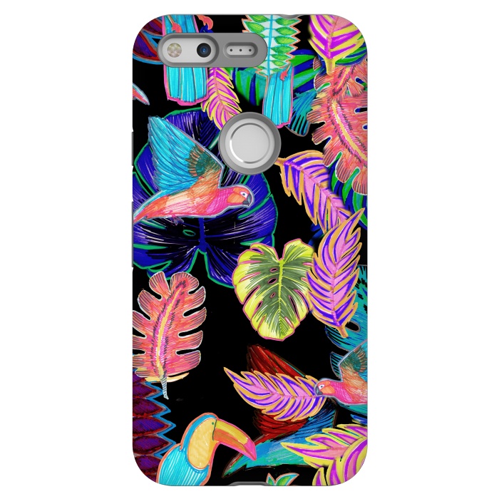Pixel StrongFit Colorful sketched tropical birds and leaves by Oana 