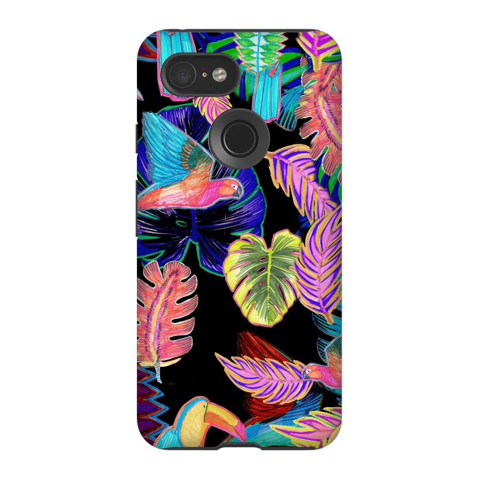 Pixel 3 StrongFit Colorful sketched tropical birds and leaves by Oana 