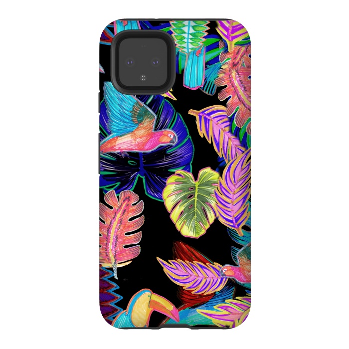 Pixel 4 StrongFit Colorful sketched tropical birds and leaves by Oana 