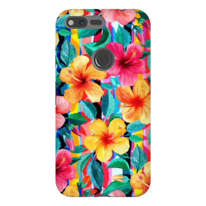 Pixel XL StrongFit OTT Maximalist Hawaiian Hibiscus Floral with Stripes by Micklyn Le Feuvre