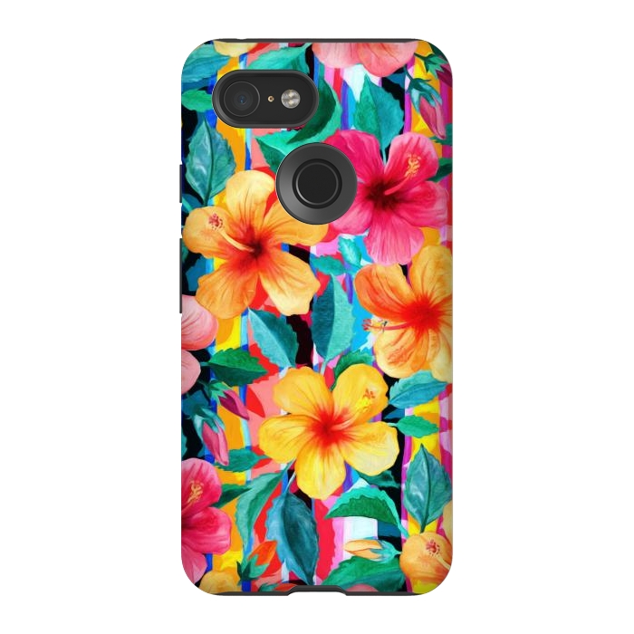 Pixel 3 StrongFit OTT Maximalist Hawaiian Hibiscus Floral with Stripes by Micklyn Le Feuvre