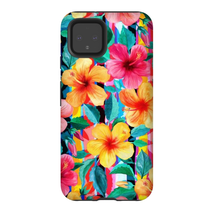 Pixel 4 StrongFit OTT Maximalist Hawaiian Hibiscus Floral with Stripes by Micklyn Le Feuvre