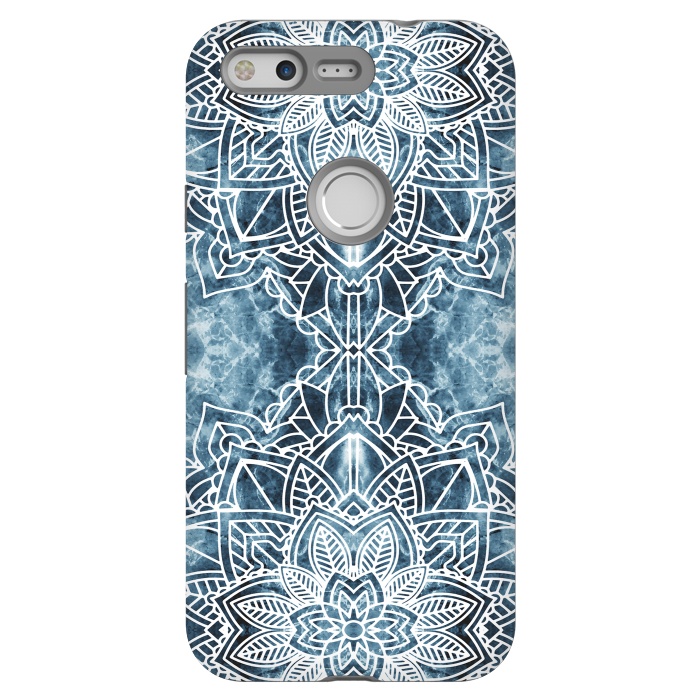 Pixel StrongFit White lace floral mandala on blue marble by Oana 