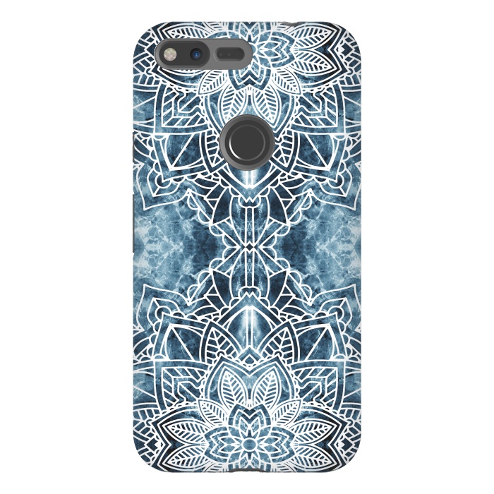 Pixel XL StrongFit White lace floral mandala on blue marble by Oana 