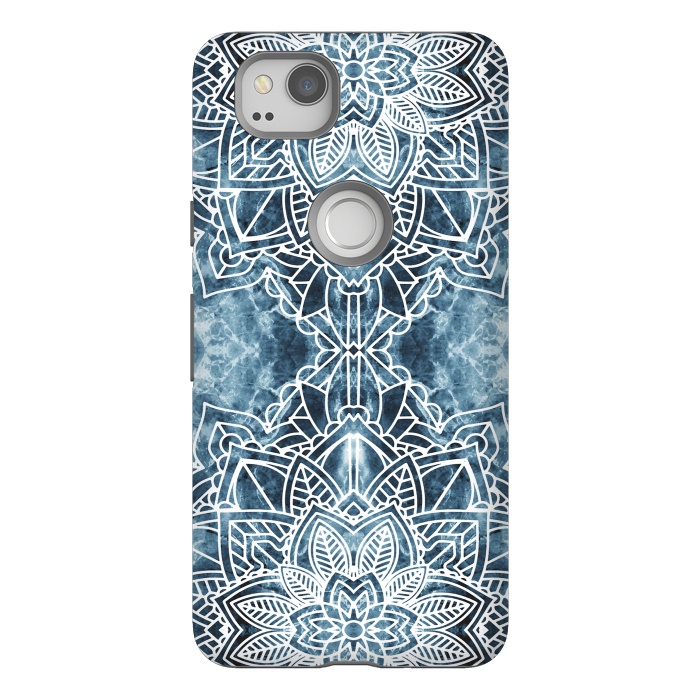 Pixel 2 StrongFit White lace floral mandala on blue marble by Oana 