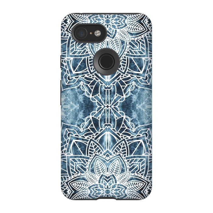 Pixel 3 StrongFit White lace floral mandala on blue marble by Oana 