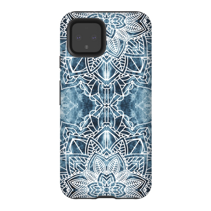 Pixel 4 StrongFit White lace floral mandala on blue marble by Oana 