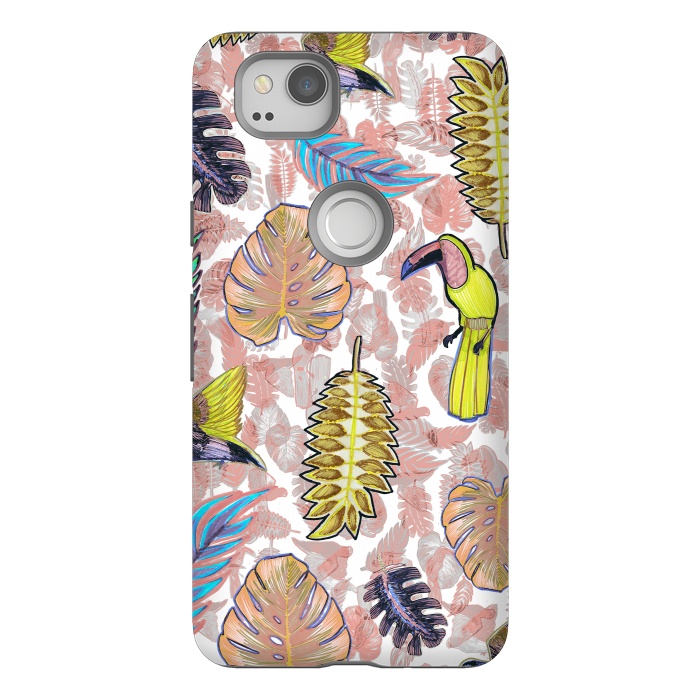 Pixel 2 StrongFit Playful parrots and leaves tropical sketch by Oana 