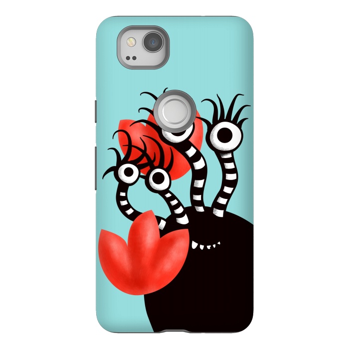 Pixel 2 StrongFit Cute Monster With Four Eyes And Abstract Tulips by Boriana Giormova