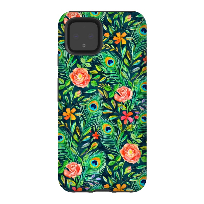 Pixel 4 StrongFit Peacock Posies on Dark by Micklyn Le Feuvre