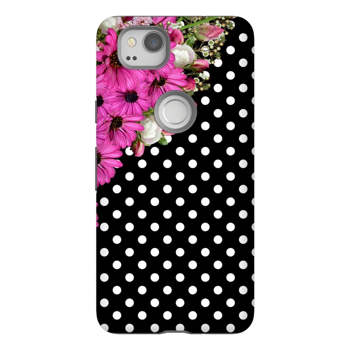 Pixel 2 StrongFit Black and White Polka Dots and Pink Flowers by Alemi