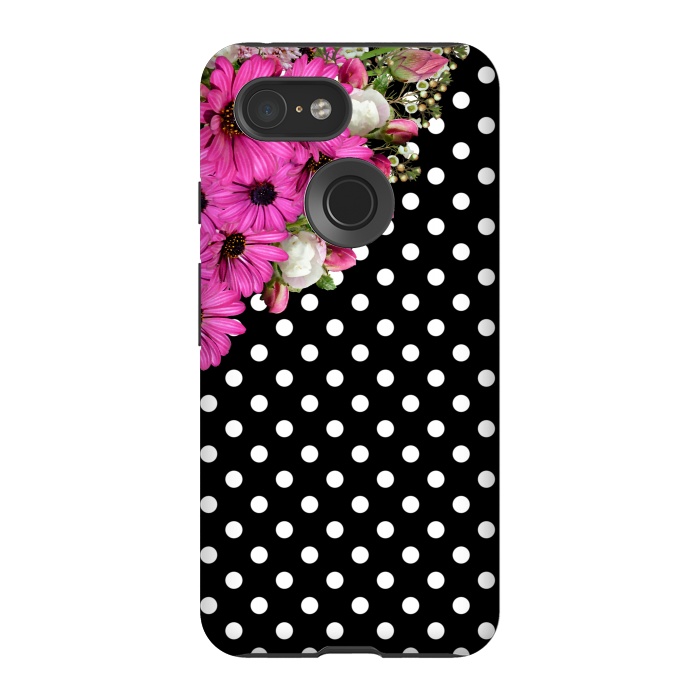 Pixel 3 StrongFit Black and White Polka Dots and Pink Flowers by Alemi