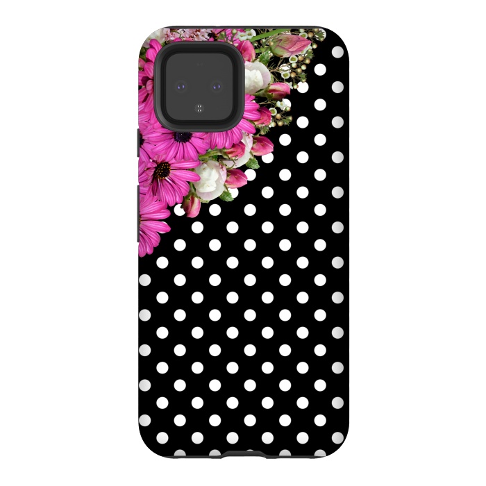 Pixel 4 StrongFit Black and White Polka Dots and Pink Flowers by Alemi