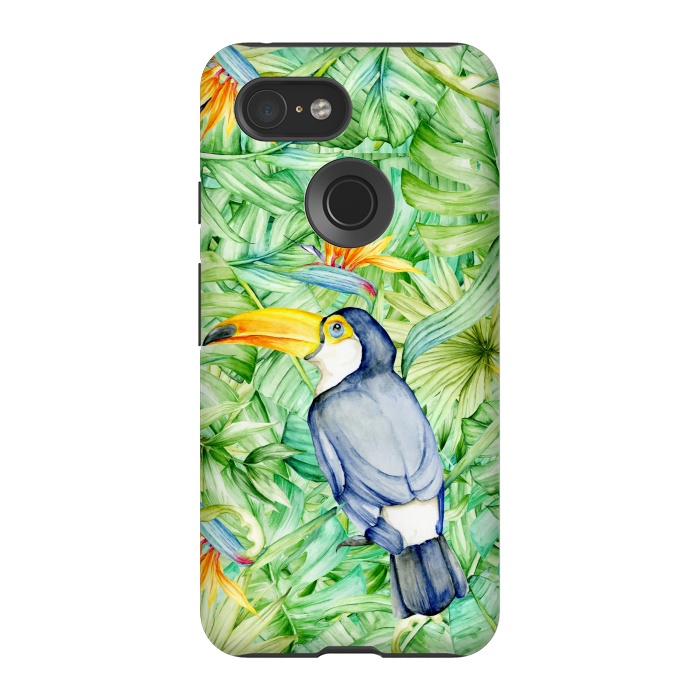 Pixel 3 StrongFit Toucan Tropical Leaves Watercolor by Alemi