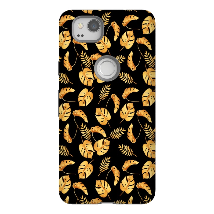 Pixel 2 StrongFit Gold Tropical Leaves Black Background by Alemi