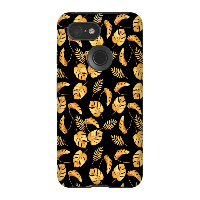 Pixel 3 StrongFit Gold Tropical Leaves Black Background by Alemi