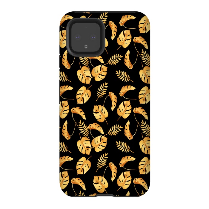 Pixel 4 StrongFit Gold Tropical Leaves Black Background by Alemi